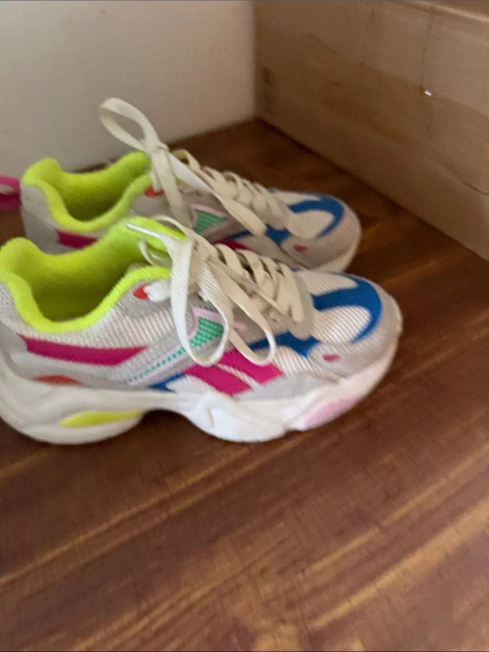 Reebok Kids White Sneakers with Pink, Blue & Neon Yellow Accents